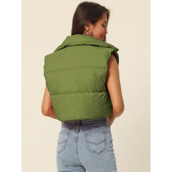 Crop Puffer Vest Lightweight StandCollar Sleeveless Padded Gilet Coat Army Green - Picture 4 of 6